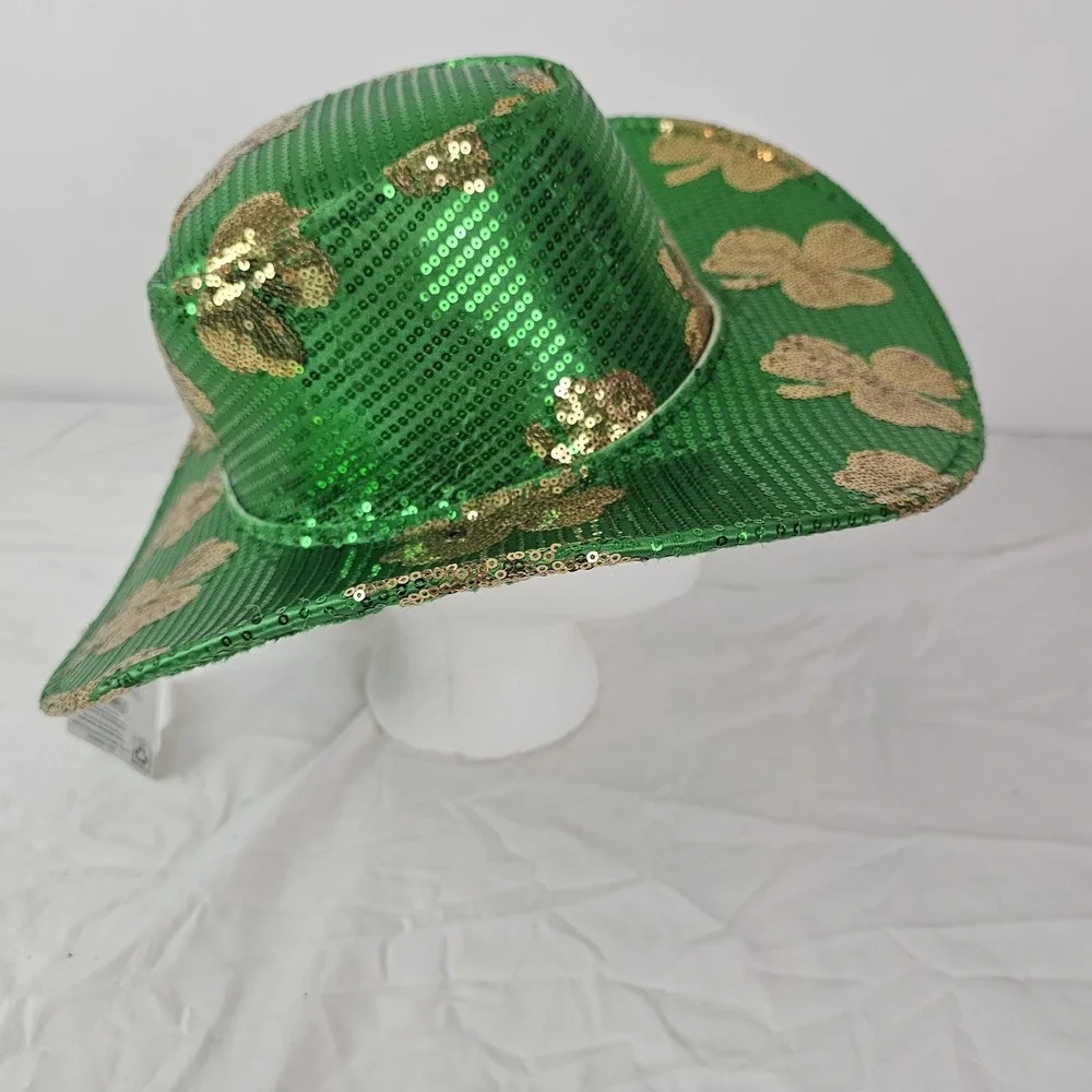 Celebrate NWT Cowboy Cowgirl Hat St. Patrick's Day Green Gold Sequin Shamrock OS